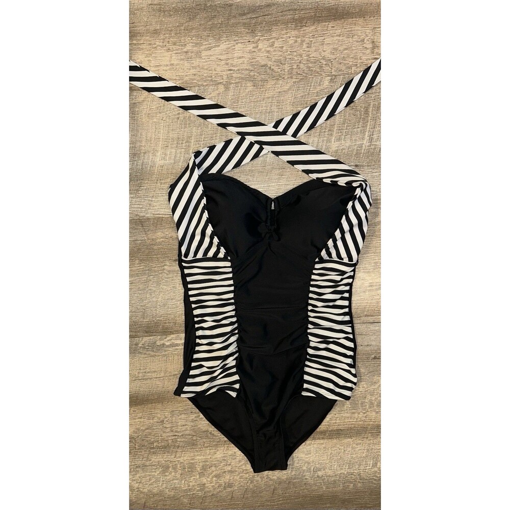 Forever 21+ Plus Size XL One Piece Swimsuit Black White Striped Ruched Halter 18